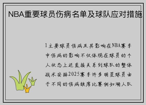 NBA重要球员伤病名单及球队应对措施