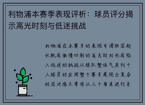 利物浦本赛季表现评析：球员评分揭示高光时刻与低迷挑战